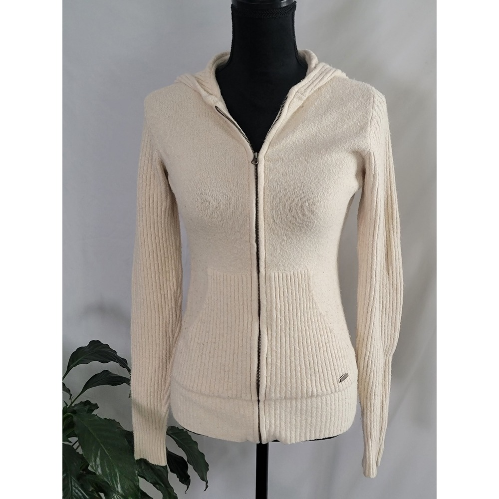 American Eagle Cream Ribbed Knit Full Zip Hooded Sweater Cream Small‎